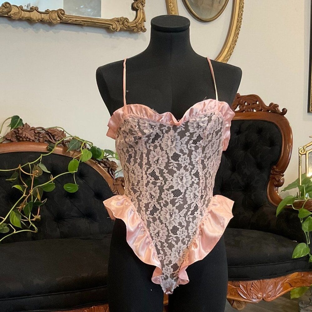 Vintage Victoria's Secret Lace Satin Ruffle lingerie Bodysuit High Leg  S Pink